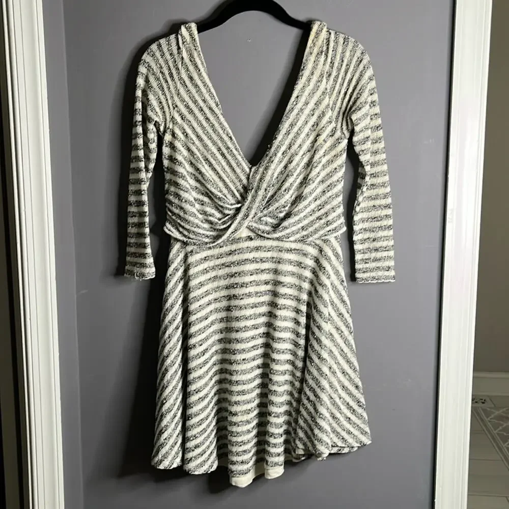 Free People Gray and White Striped Wrap Fit & Flare Dress Size XS